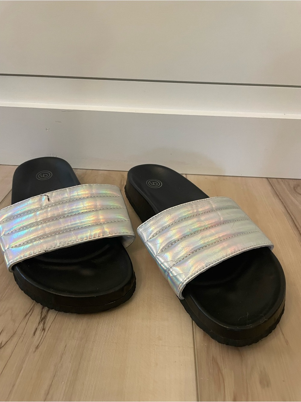 Urban Outfitters Holographic Silver Slide Sandals with Black Footbed